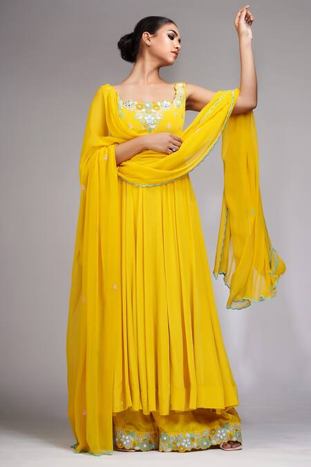 Shop_Shruti S_Yellow Crepe, Silk, Georgette Sequins, Pearls, Embroidery Mirror Anarkali Set _Online_at_Aza_Fashions