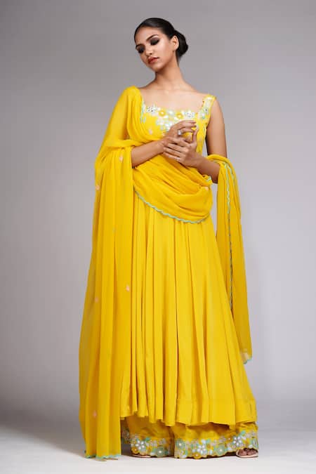 Shruti S_Yellow Crepe, Silk, Georgette Sequins, Pearls, Embroidery Mirror Anarkali Set _at_Aza_Fashions