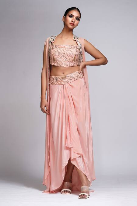 Shruti S_Peach Silk, Crepe Mirrors Placket Embroidered Cape And Draped Dhoti Skirt Set_Online_at_Aza_Fashions