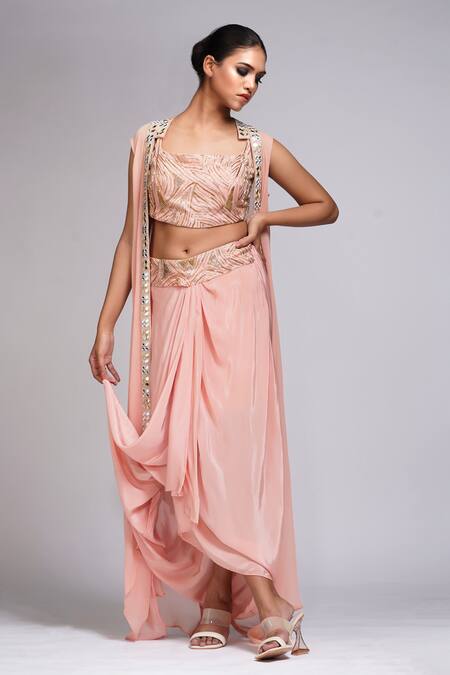 Shop_Shruti S_Peach Silk, Crepe Mirrors Placket Embroidered Cape And Draped Dhoti Skirt Set_Online_at_Aza_Fashions
