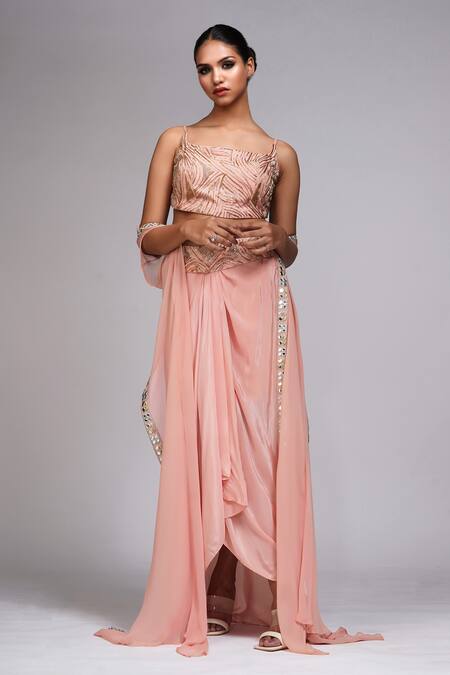 Shruti S_Peach Silk, Crepe Mirrors Placket Embroidered Cape And Draped Dhoti Skirt Set_at_Aza_Fashions