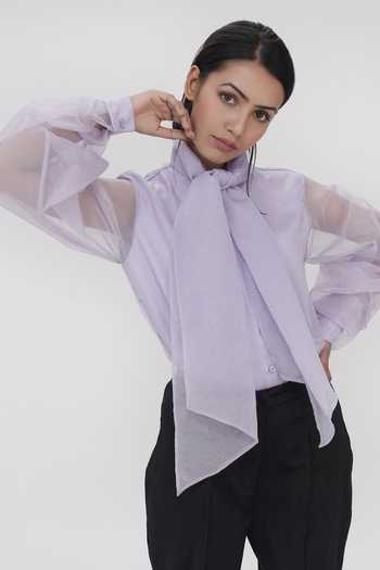 Shruti S_Purple Organza Polo Collar Balloon Sleeve Sheer Shirt_Online_at_Aza_Fashions