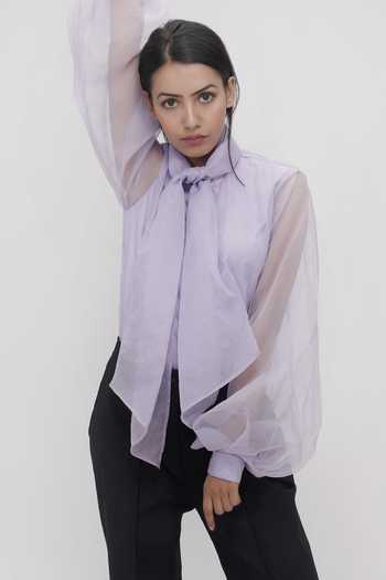 Buy_Shruti S_Purple Organza Polo Collar Balloon Sleeve Sheer Shirt_Online_at_Aza_Fashions