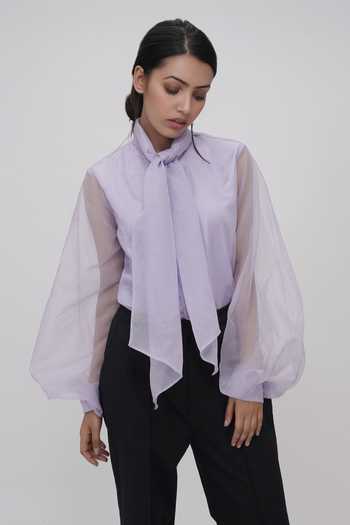 Shop_Shruti S_Purple Organza Polo Collar Balloon Sleeve Sheer Shirt_Online_at_Aza_Fashions