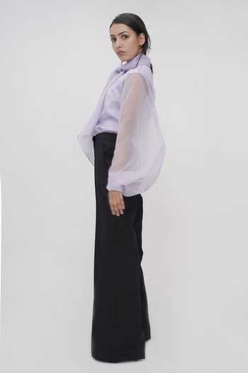 Shruti S_Purple Organza Polo Collar Balloon Sleeve Sheer Shirt_at_Aza_Fashions