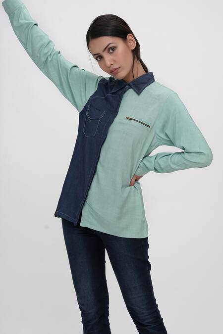 Shruti S_Green And Denim Shirt_Online_at_Aza_Fashions