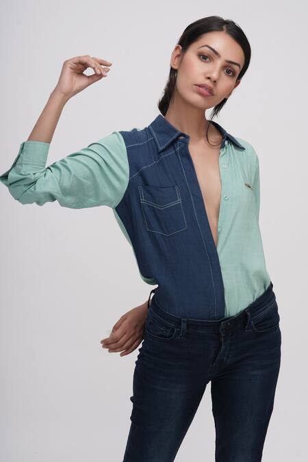Shop_Shruti S_Green And Denim Shirt_Online_at_Aza_Fashions