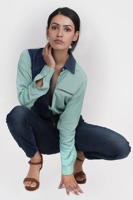 Shruti S_Green And Denim Shirt_at_Aza_Fashions