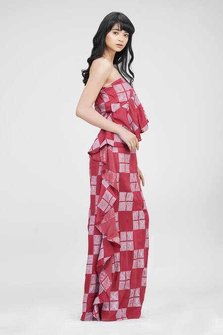 Shop Shruti S Red Modal, Satin Ruffles Off-shoulder Hand Block Print Strapless Gown Online at Aza Fashions Shop_Shruti S_Red Modal, Satin Ruffles Off-shoulder Hand Block Print Strapless Gown _Online_at_Aza_Fashions