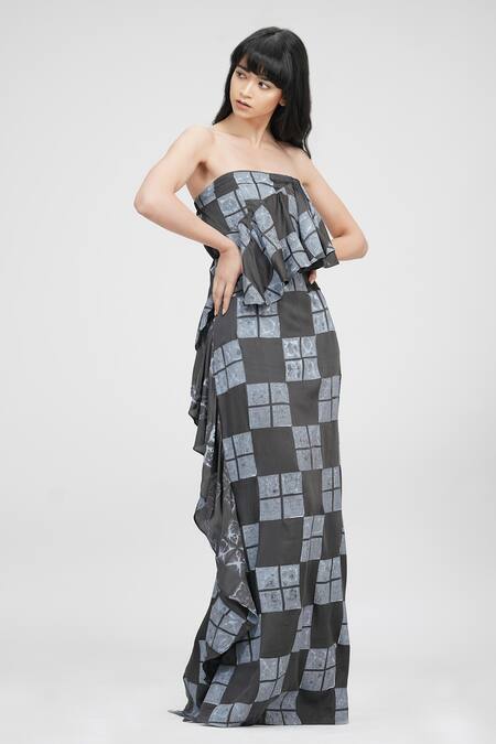 Buy_Shruti S_Gray Modal, Satin Ruffles Bandeau Neck Hand Block Print Grey Tube Gown _Online_at_Aza_Fashions