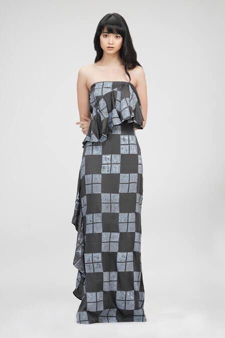 Shruti S_Gray Modal, Satin Ruffles Bandeau Neck Hand Block Print Grey Tube Gown _at_Aza_Fashions