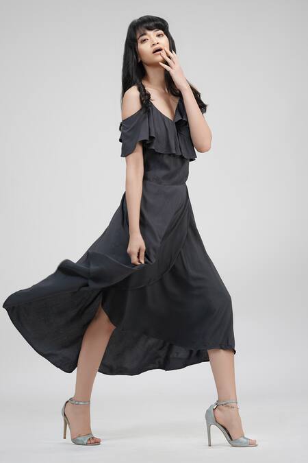 Buy_Shruti S_Grey Modal Sequins V-neck Cold Shoulder Asymmetric Wrap Dress_Online_at_Aza_Fashions