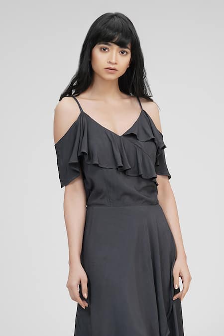 Shop_Shruti S_Grey Modal Sequins V-neck Cold Shoulder Asymmetric Wrap Dress_Online_at_Aza_Fashions