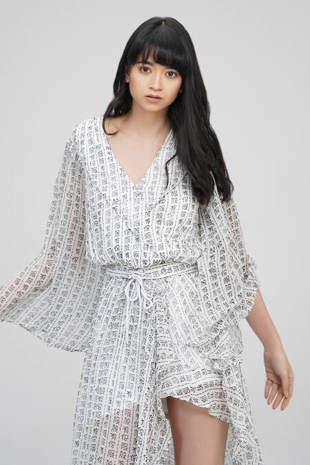 Shruti S White Georgette Shawl Neck Hand Painted Wrap Dress at Aza Fashions Shruti S_White Georgette Shawl Neck Hand Painted Wrap Dress _at_Aza_Fashions