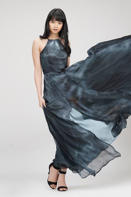 Shruti S_Black Georgette Halter Neck Abstract Pattern Tie-dyed Gown _Online_at_Aza_Fashions