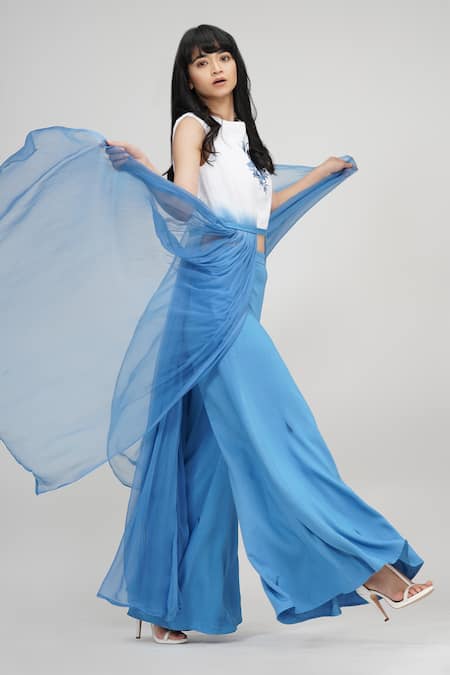 Shruti S_Blue Cotton, Chiffon, Modal Embroidery Round Neck Placement Top And Trouser Set _Online_at_Aza_Fashions