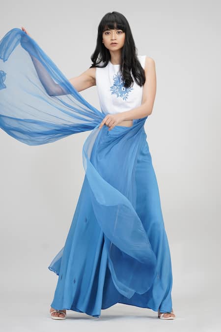 Shop_Shruti S_Blue Cotton, Chiffon, Modal Embroidery Round Neck Placement Top And Trouser Set _Online_at_Aza_Fashions