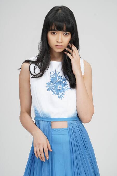 Shruti S_Blue Cotton, Chiffon, Modal Embroidery Round Neck Placement Top And Trouser Set _at_Aza_Fashions