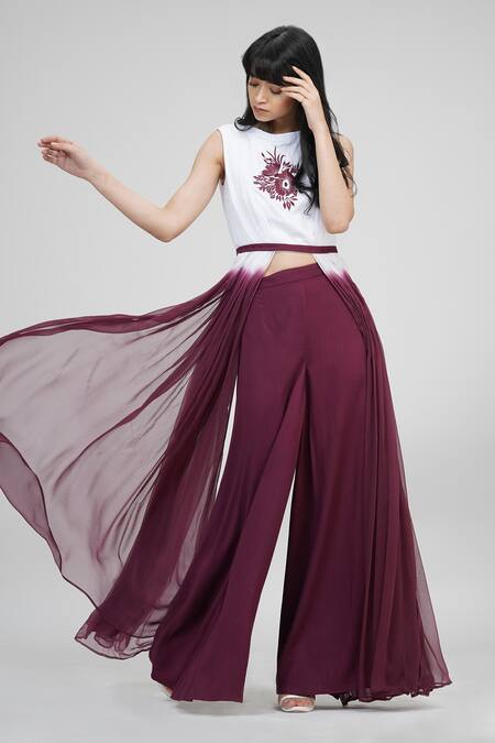 Buy_Shruti S_White Cotton, Chiffon, Modal Embroidery Placement Thread Top And Trouser Set _Online_at_Aza_Fashions