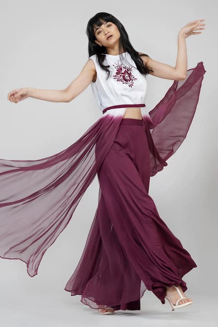 Shop_Shruti S_White Cotton, Chiffon, Modal Embroidery Placement Thread Top And Trouser Set _Online_at_Aza_Fashions