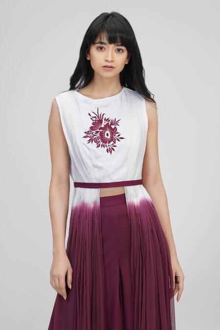 Shruti S_White Cotton, Chiffon, Modal Embroidery Placement Thread Top And Trouser Set _at_Aza_Fashions