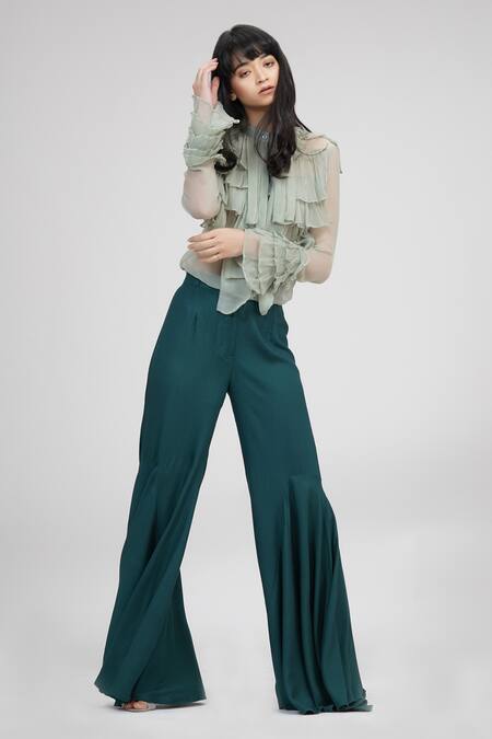 Shop Shruti S Green Chiffon Bandeau Neck Ruffle Shirt Online at Aza Fashions Shop_Shruti S_Green Chiffon Bandeau Neck Ruffle Shirt _Online_at_Aza_Fashions