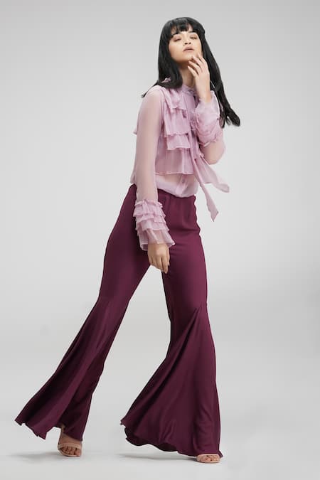 Shop Shruti S Pink Chiffon Sequins Bandeau Neck Layered Ruffle Sheer Shirt Online at Aza Fashions Shop_Shruti S_Pink Chiffon Sequins Bandeau Neck Layered Ruffle Sheer Shirt _Online_at_Aza_Fashions