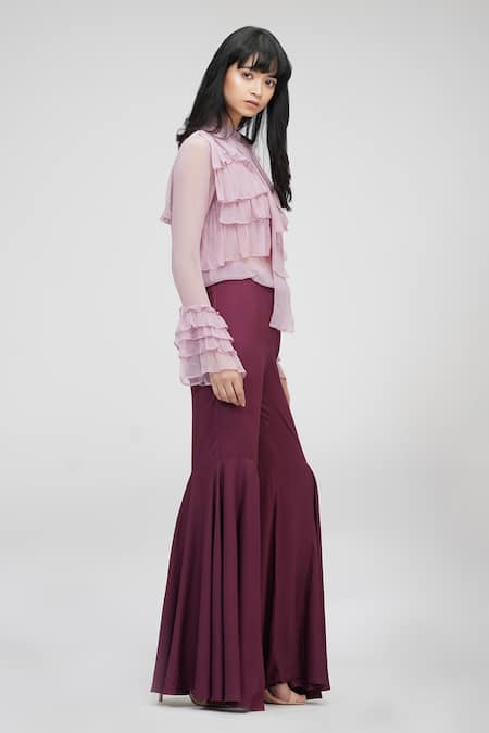 Shruti S Pink Chiffon Sequins Bandeau Neck Layered Ruffle Sheer Shirt at Aza Fashions Shruti S_Pink Chiffon Sequins Bandeau Neck Layered Ruffle Sheer Shirt _at_Aza_Fashions