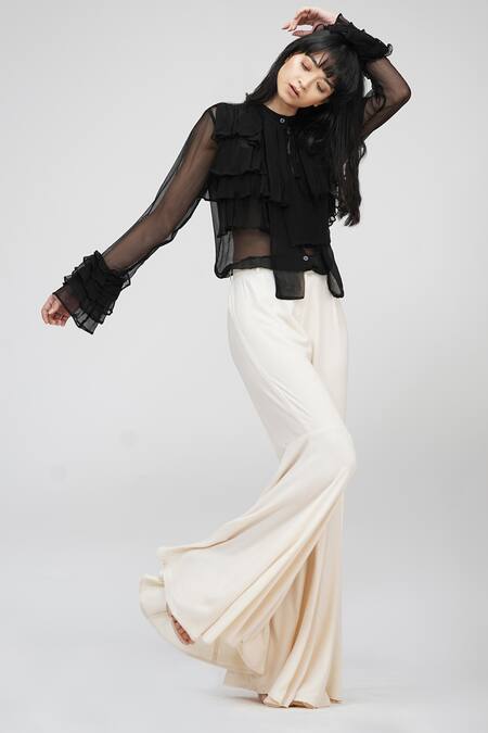 Buy_Shruti S_Beige Modal Solid Bell Bottom Pant_Online_at_Aza_Fashions