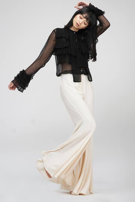 Shop Shruti S Black Chiffon Bandeau Neck Layered Ruffle Shirt Online at Aza Fashions Shop_Shruti S_Black Chiffon Bandeau Neck Layered Ruffle Shirt _Online_at_Aza_Fashions