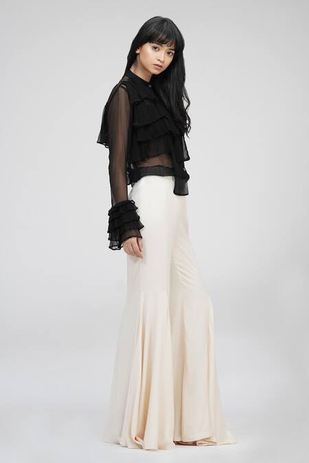 Shop_Shruti S_Beige Modal Solid Bell Bottom Pant_Online_at_Aza_Fashions