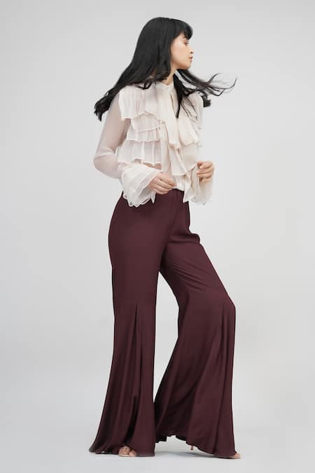 Shruti S Beige Chiffon Bandeau Neck Sheer Ruffle Shirt Online at Aza Fashions Shruti S_Beige Chiffon Bandeau Neck Sheer Ruffle Shirt _Online_at_Aza_Fashions