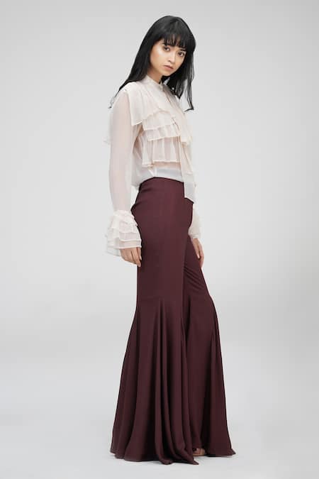 Shruti S Beige Chiffon Bandeau Neck Sheer Ruffle Shirt at Aza Fashions Shruti S_Beige Chiffon Bandeau Neck Sheer Ruffle Shirt _at_Aza_Fashions
