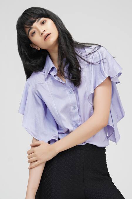 Shruti S_Purple Cotton Collared Circular Sleeve Button Down Shirt_Online_at_Aza_Fashions