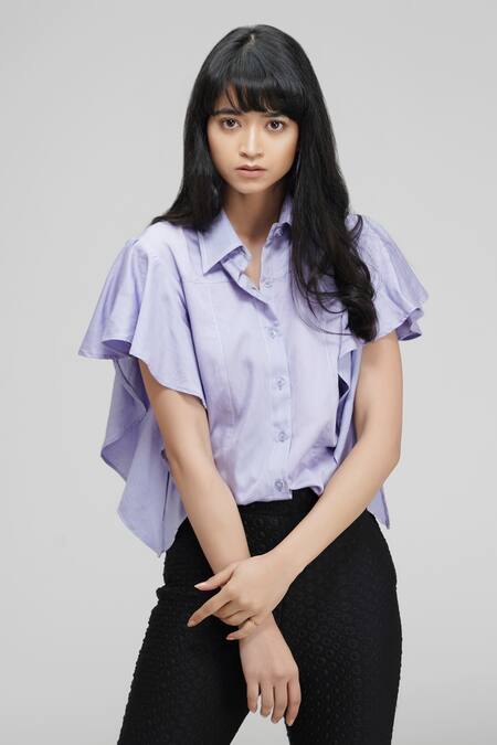 Buy_Shruti S_Purple Cotton Collared Circular Sleeve Button Down Shirt_Online_at_Aza_Fashions