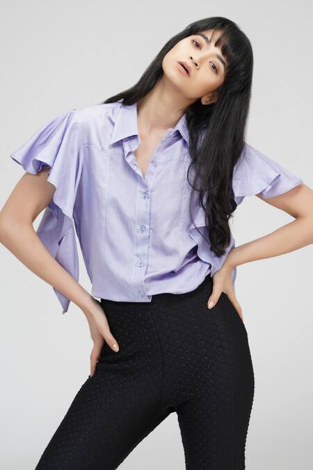 Shop_Shruti S_Purple Cotton Collared Circular Sleeve Button Down Shirt_Online_at_Aza_Fashions