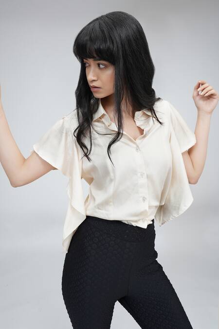 Shop_Shruti S_Beige Cotton Collared Circular Sleeve Shirt_Online_at_Aza_Fashions