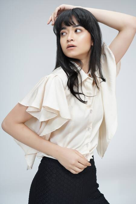 Shruti S_Beige Cotton Collared Circular Sleeve Shirt_at_Aza_Fashions