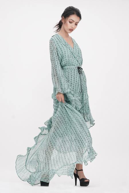 Shruti S_Green Georgette Bows Shawl Neck Hand Painted Chinese Calligraphy Wrap Dress _Online_at_Aza_Fashions