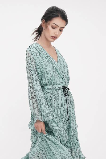 Buy Shruti S Green Georgette Bows Shawl Neck Hand Painted Chinese Calligraphy Wrap Dress Online at Aza Fashions Buy_Shruti S_Green Georgette Bows Shawl Neck Hand Painted Chinese Calligraphy Wrap Dress _Online_at_Aza_Fashions