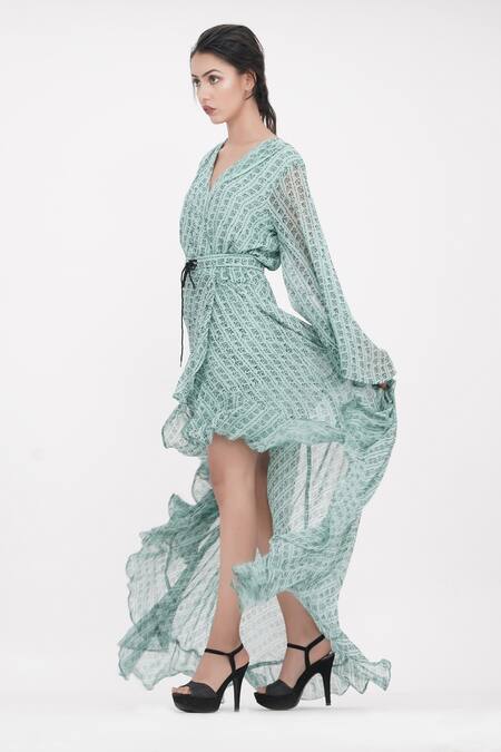 Shop_Shruti S_Green Georgette Bows Shawl Neck Hand Painted Chinese Calligraphy Wrap Dress _Online_at_Aza_Fashions