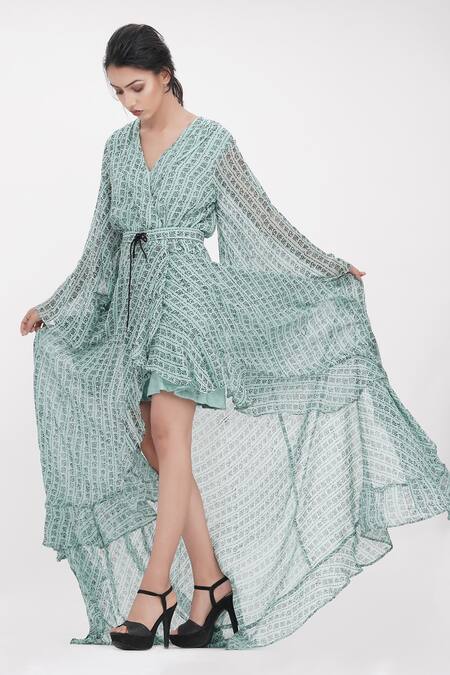 Shruti S_Green Georgette Bows Shawl Neck Hand Painted Chinese Calligraphy Wrap Dress _at_Aza_Fashions