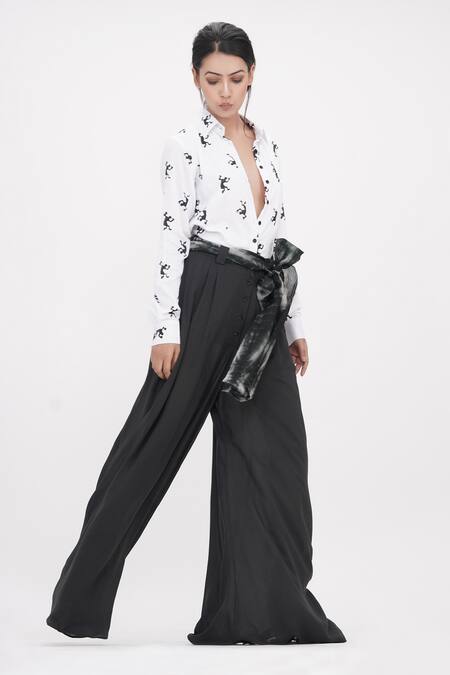 Shruti S_Black Modal, Organza Collared Hand Block Print Yoke Jumpsuit_Online_at_Aza_Fashions