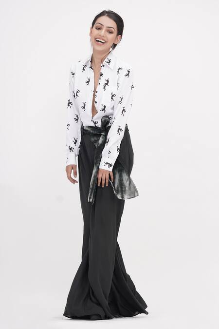 Buy_Shruti S_Black Modal, Organza Collared Hand Block Print Yoke Jumpsuit_Online_at_Aza_Fashions