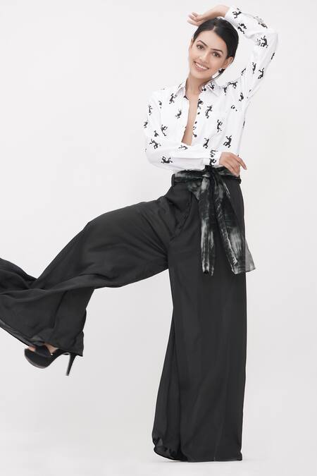 Shop_Shruti S_Black Modal, Organza Collared Hand Block Print Yoke Jumpsuit_Online_at_Aza_Fashions