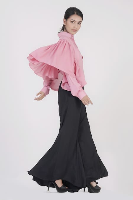 Shruti S_Pink Cotton Collared Ruffle Trim Shirt _Online_at_Aza_Fashions