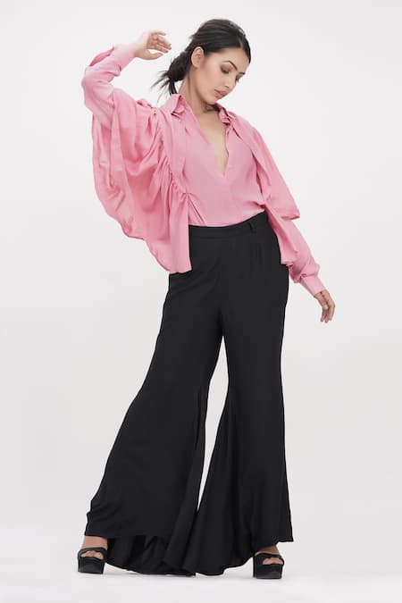 Buy_Shruti S_Pink Cotton Collared Ruffle Trim Shirt _Online_at_Aza_Fashions