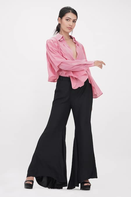 Shop_Shruti S_Pink Cotton Collared Ruffle Trim Shirt _Online_at_Aza_Fashions