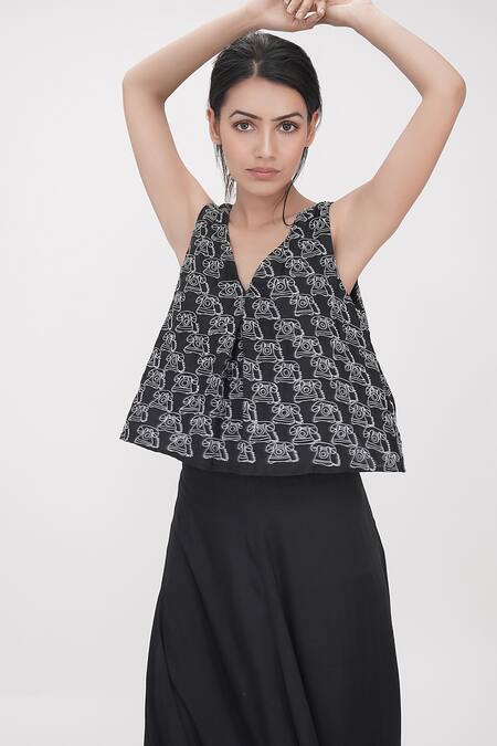 Shruti S_Black Modal Embroidery V-neck Panelled Dress _Online_at_Aza_Fashions