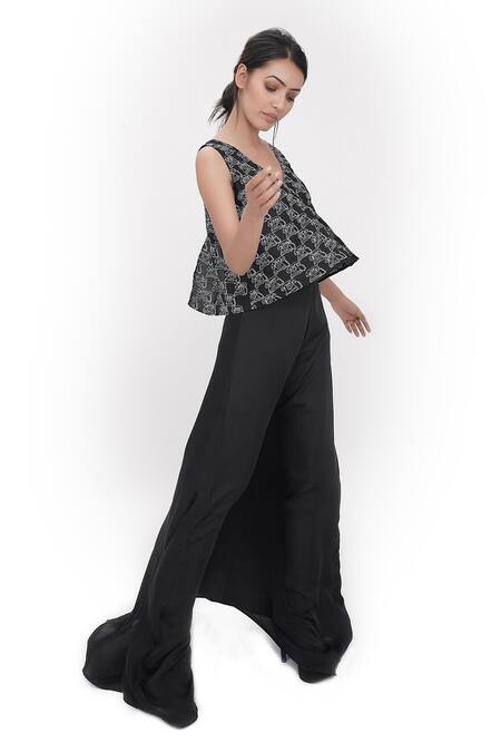 Buy_Shruti S_Black Modal Embroidery V-neck Panelled Dress _Online_at_Aza_Fashions